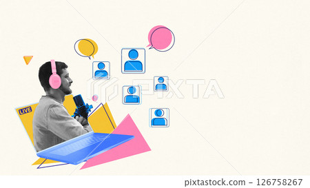 Streaming live. Man with pink headphones talks into mic while digital audience icons react on screen. Conceptual art collage. 126758267