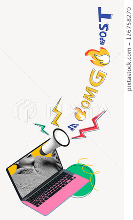 Going viral. Loud megaphone shoots out OMG and REPOST while emojis bounce around in vibrant rhythm. Playful art collage. 126758270