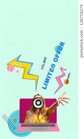 Ad explosion. Woman throws out offers like 10 percent OFF and NEW EMAIL through loud megaphone with lightning words flying around. Creative digital collage. 126758274