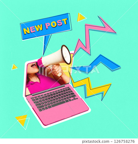 Digital shout. Woman in pink top yells new post through megaphone bursting from laptop with bright shapes and zigzag lines. Voice of Feed Digital shout. Woman in pink top yells new post through megaphone bursting from laptop with bright shapes and zigzag lines. Voice of Feed 126758276