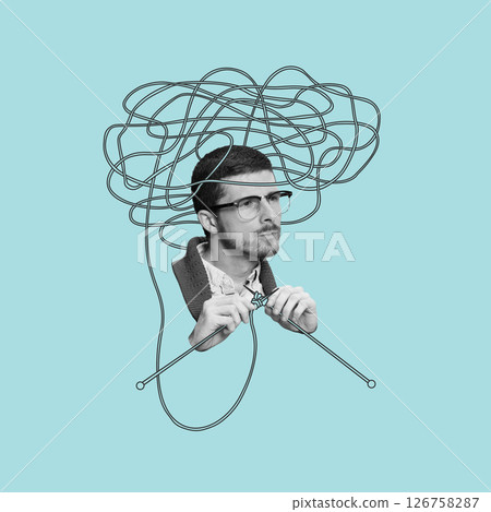 Thread of Thought. Man knits red yarn into brain above, showing how thinking forms slowly and mindfully. Conceptual art collage Thread of Thought. Man knits red yarn into brain above, showing how thinking forms slowly and mindfully. Conceptual art collage 126758287