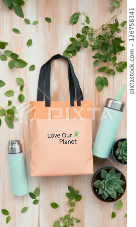 Eco-friendly flat lay with reusable bag, plants, and water bottle, background 126758341