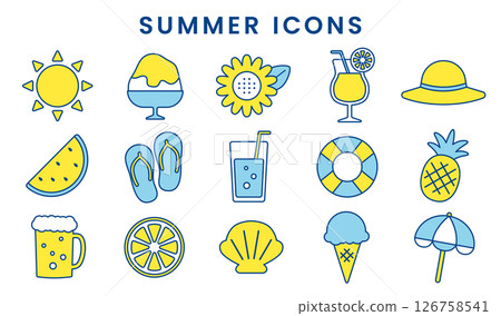 Summer illustration icon set / Pop and bright seasonal material (with lines / navy blue) 126758541