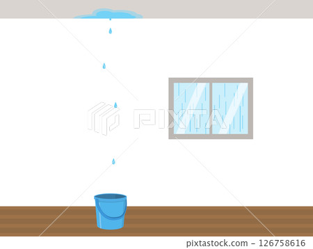 Rain leaking from blue window and white wall 126758616