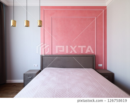 Explore the Modern Minimalist Bedroom Design featuring a captivating Statement Wall 126758619