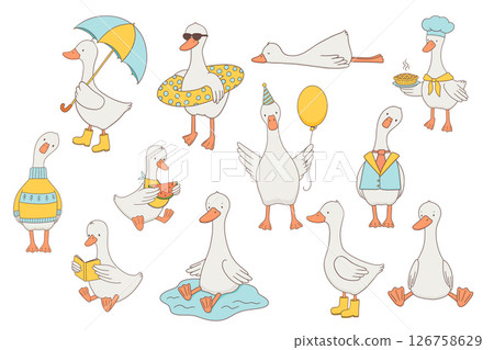 Cute cartoon goose characters set, sitting animal in puddle, beach, with watermelon, hand drawn illustration for kids. Bird in sweater, chef hat, and birthday balloon. 126758629