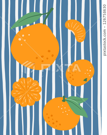 Poster with tangerine with leaves, fruits on striped background. Vector illustrations of citrus. 126758630