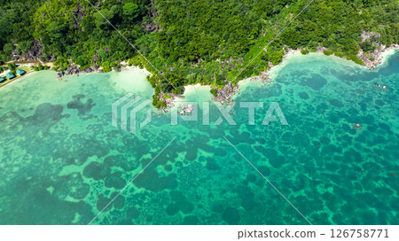 Aerial view of clear turquoise waters gently meeting a lush green coastline with rocky outcrops. Praslin, Seychelles. 126758771