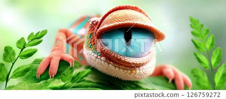 Close up of colorful chameleon with large blue eye resting on green leaves, showing detailed skin texture and vibrant colors Close up of colorful chameleon with large blue eye resting on green leaves, showing detailed skin texture and vibrant colors 126759272