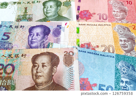 Stack of Chinese Remninbi and Malaysian Ringgit 126759358