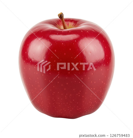 Fresh ripe shiny red apple with stem perfectly isolated fruit object element for healthy eating 126759483