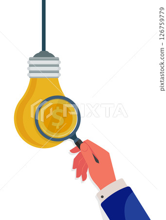 Hands use magnifying glass to make money from light bulbs. Investment insights, business concept. stock illustration. 126759779
