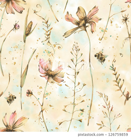 Seamless floral pattern with delicate wildflowers and butterflies in vintage watercolor style. Hand-painted botanical design ideal for textile, packaging, wallpaper, and summer-themed decoration. Seamless floral pattern with delicate wildflowers and butterflies in vintage watercolor style. Hand-painted botanical design ideal for textile, packaging, wallpaper, and summer-themed decoration. 126759859