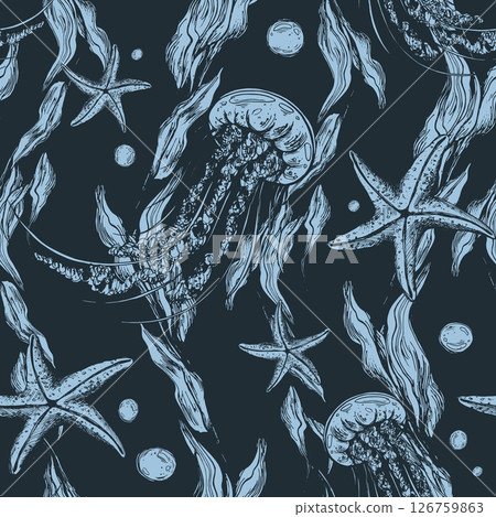Underwater world clipart with sea animals jellyfish, starfish, bubbles and algae. Graphic illustration hand drawn in blue ink. Seamless pattern on a dark blue background EPS vector Underwater world clipart with sea animals jellyfish, starfish, bubbles and algae. Graphic illustration hand drawn in blue ink. Seamless pattern on a dark blue background EPS vector 126759863