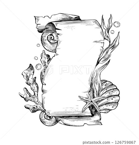 Papyrus rolled scroll with jagged edges, space for text with corals, shells, starfish, sea sponges, algae, bubbles. Graphic illustration, hand drawn with black ink. Template, vertical frame, board EPS 126759867