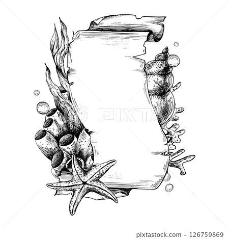 Papyrus rolled scroll with jagged edges, space for text with corals, shells, starfish, sea sponges, algae. Graphic illustration, hand drawn with black ink. Template, vertical frame, board EPS vector Papyrus rolled scroll with jagged edges, space for text with corals, shells, starfish, sea sponges, algae. Graphic illustration, hand drawn with black ink. Template, vertical frame, board EPS vector 126759869