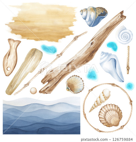 A set of watercolor shells, pieces of wood, knotted jute rope, turquoise glass and ocean waves, hand-painted on a white background. Watercolor marine illustrations. Objects for wallpaper design A set of watercolor shells, pieces of wood, knotted jute rope, turquoise glass and ocean waves, hand-painted on a white background. Watercolor marine illustrations. Objects for wallpaper design 126759884