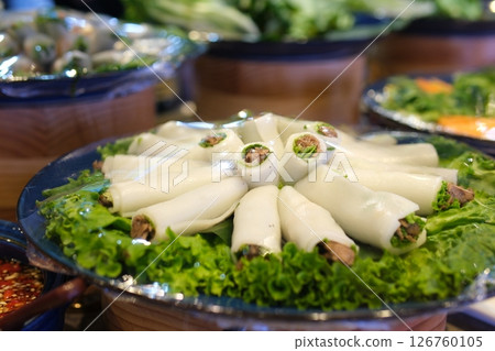Spring roll platter Stock image of a platter, contains spring roll, samosa and kebabs , ready to eat Spring roll platter Stock image of a platter, contains spring roll, samosa and kebabs , ready to eat 126760105