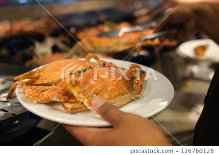 Crabs serving plate, Singapore chili crab, Singaporean Cuisine, Chilli Mud Crab, Served on a white plate, Stir Fried Crab, Asian cuisine, boiled, steamed, seafood, Tarakan 126760128