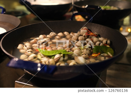 Prawns seafood platter Steamed Clams with Fresh Herb Garnish 126760136
