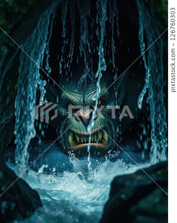 Evil troll in the cave.  An evil troll lives in a cave under the waterfall. 126760303