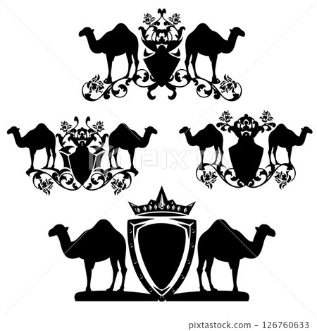 pair of arabian camels by heraldic shield with roses and crown black and white vector design set 126760633