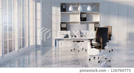 Sophisticated office space with stylish shelving and modern furnishings, 3D render illustration. 126760773