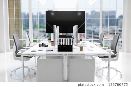Modern office workspace with sleek design and technology, 3D render illustration. Modern office workspace with sleek design and technology, 3D render illustration. 126760775
