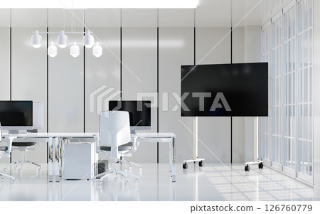 Chic office environment with modern monitors and collaborative spaces, 3D render illustration. Chic office environment with modern monitors and collaborative spaces, 3D render illustration. 126760779