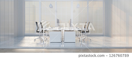 Bright and spacious office setup with sleek furniture and large windows, 3D render illustration. Bright and spacious office setup with sleek furniture and large windows, 3D render illustration. 126760789