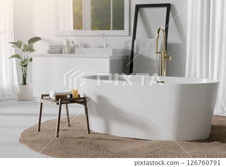 Stylish modern bathroom with elegant freestanding bathtub and luxurious fittings, 3D render illustration. 126760791