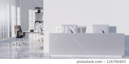 Elegant reception area with modern design and professional ambiance, 3D render illustration. Elegant reception area with modern design and professional ambiance, 3D render illustration. 126760805