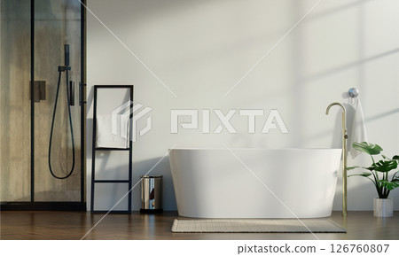 Modern bathroom featuring a freestanding tub and elegant shower area with sleek fixtures, 3D render illustration. 126760807