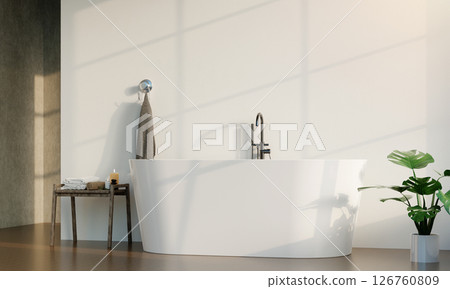 Minimalist bathroom design with a freestanding tub and rustic wooden stool, 3D render illustration. Minimalist bathroom design with a freestanding tub and rustic wooden stool, 3D render illustration. 126760809