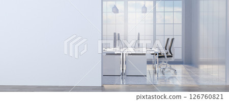 Minimalist office interior with clean lines and ample sunlight, 3D render illustration. Minimalist office interior with clean lines and ample sunlight, 3D render illustration. 126760821