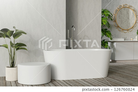 Sleek bathroom featuring a modern freestanding tub and stylish round stool with elegant circular mirror, 3D render illustration. 126760824