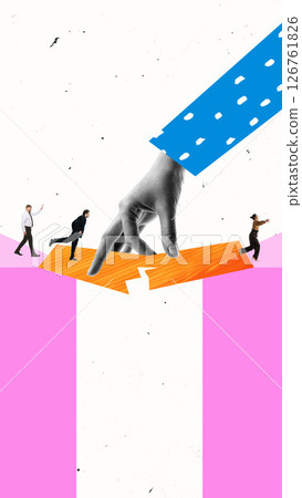 Contemporary art collage. Multiple hands form vertical ladder helping people ascend and cross to success. Ladder Up 126761826