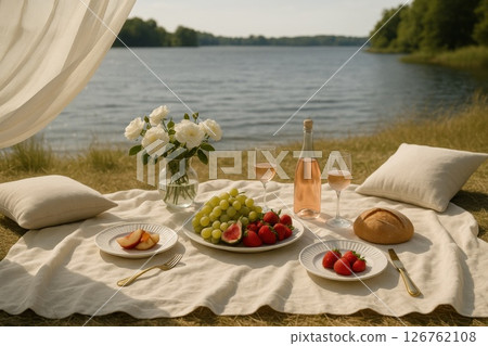 Elegant lakeside picnic with wine, fresh fruit, bread and flowers on a white blanket under soft drapery. This serene alfresco setup conveys luxury, romance and summer leisure by the water 126762108