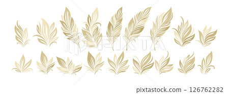 Elegant Vector Illustration Features Decorative Gold Leaf Designs in Abstract and Ornamental Styles on a White Background, Perfect for Artistic and Decorative Themes Elegant Vector Illustration Features Decorative Gold Leaf Designs in Abstract and Ornamental Styles on a White Background, Perfect for Artistic and Decorative Themes 126762282