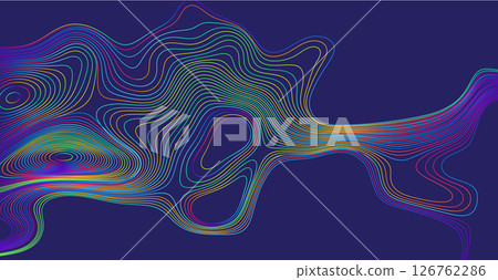 Vector Illustration Background Featuring Multicolored Contour Lines on a Dark Blue Canvas, Showcasing Abstract Patterns and Vibrant Gradients for Unique Artistic Creations 126762286