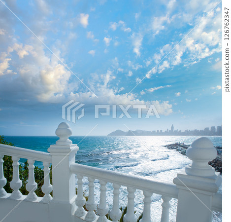Benidorm balcon del Mediterraneo sea from white balustrade Benidorm balcon del Mediterraneo sea from white balustrade 126762347