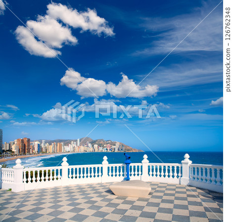 Benidorm balcon del Mediterraneo sea from white balustrade Benidorm balcon del Mediterraneo sea from white balustrade 126762348