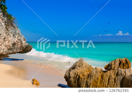 Tulum beach near Cancun turquoise Caribbean Tulum beach near Cancun turquoise Caribbean 126762391