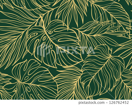 Vector Illustration Background Featuring A Seamless Pattern Of Tropical Leaves Drawn With Gold Lines On A Rich Dark Green Backdrop, Creating A Luxurious And Elegant Natural Design 126762452