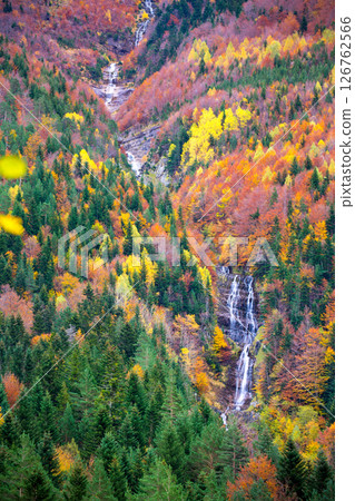 Autumn Bujaruelo Ordesa waterfal in colorful fall forest Huesca 126762566