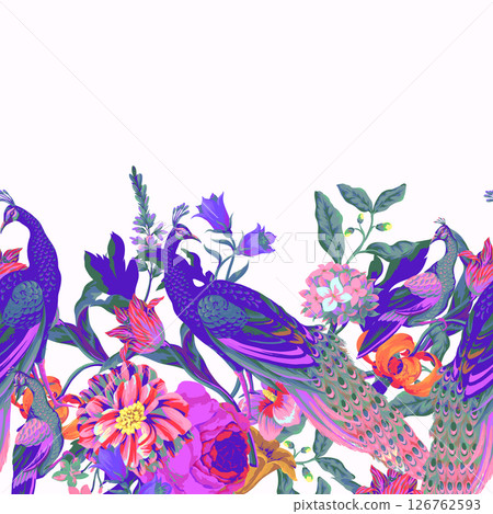 Seamless pattern with peacock and painting rococo still-lifes flowers. Vector. 126762593