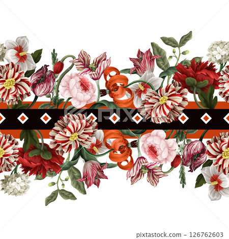 Border pattern with oil painting rococo still-lifes flowers. Vector. Border pattern with oil painting rococo still-lifes flowers. Vector. 126762603