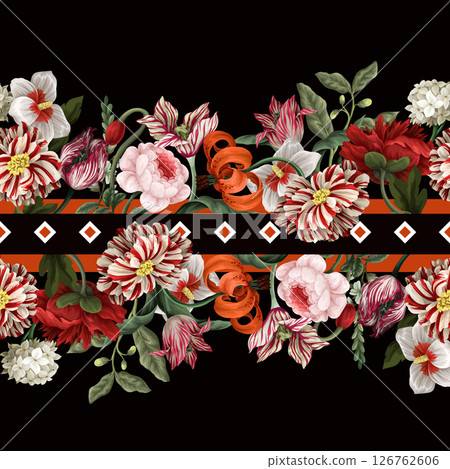 Border pattern with oil painting rococo still-lifes flowers. Vector. 126762606