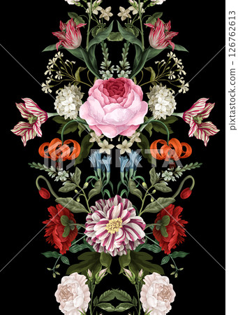 Border pattern with oil painting rococo still-lifes flowers. Vector. 126762613