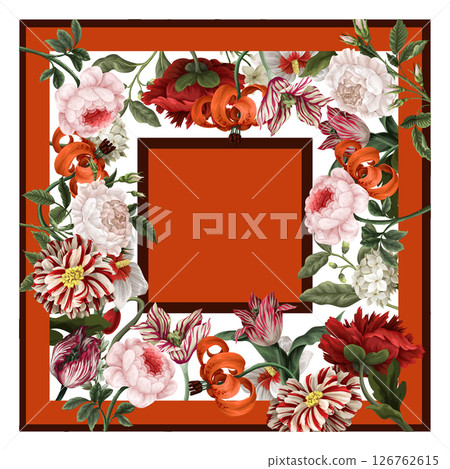 Design scarf with oil painting rococo still-lifes flowers. Vector. 126762615
